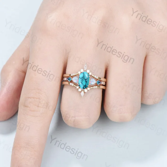 PENFINE Rings Vintage 5X9mm long hexagon turquoise engagement ring set unique triangle fire opal kite alexandrite wedding ring set double curved v band PENFINE Rings Vintage 5X9mm long hexagon turquoise engagement ring set unique triangle fire opal kite alexandrite wedding ring set double curved v band