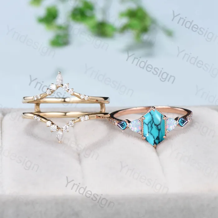 PENFINE Rings Vintage 5X9mm long hexagon turquoise engagement ring set unique triangle fire opal kite alexandrite wedding ring set double curved v band PENFINE Rings Vintage 5X9mm long hexagon turquoise engagement ring set unique triangle fire opal kite alexandrite wedding ring set double curved v band