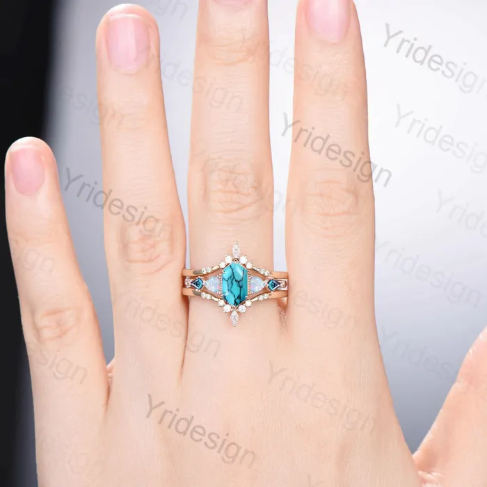 PENFINE Rings Vintage 5X9mm long hexagon turquoise engagement ring set unique triangle fire opal kite alexandrite wedding ring set double curved v band PENFINE Rings Vintage 5X9mm long hexagon turquoise engagement ring set unique triangle fire opal kite alexandrite wedding ring set double curved v band