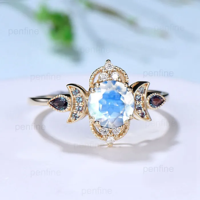 PENFINE Rings Vintage Moonstone Engagement Ring Unique Crescent Moon Color Change Wedding Ring Women Unique Art Deco Anniversary June Birthstone Ring Ring PENFINE Rings Vintage Moonstone Engagement Ring Unique Crescent Moon Color Change Wedding Ring Women Unique Art Deco Anniversary June Birthstone Ring Ring