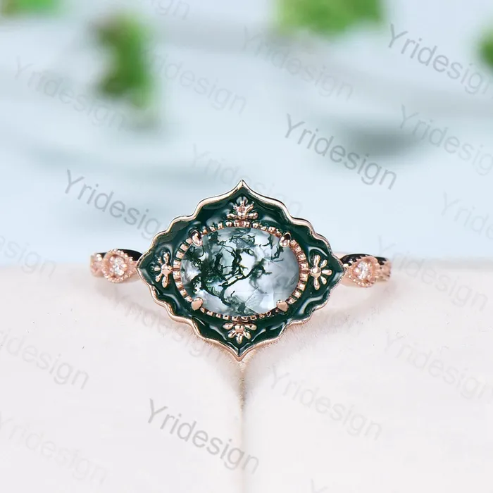 Rings Vintage Moss Agate Engagement Ring Unique Enamel Green Stone Wedding Ring Women 14K Yellow Gold Art Deco Antique Anniversary Gift For Her PENFINE Rings Vintage Moss Agate Engagement Ring Unique Enamel Green Stone Wedding Ring Women 14K Yellow Gold Art Deco Antique Anniversary Gift For Her PENFINE
