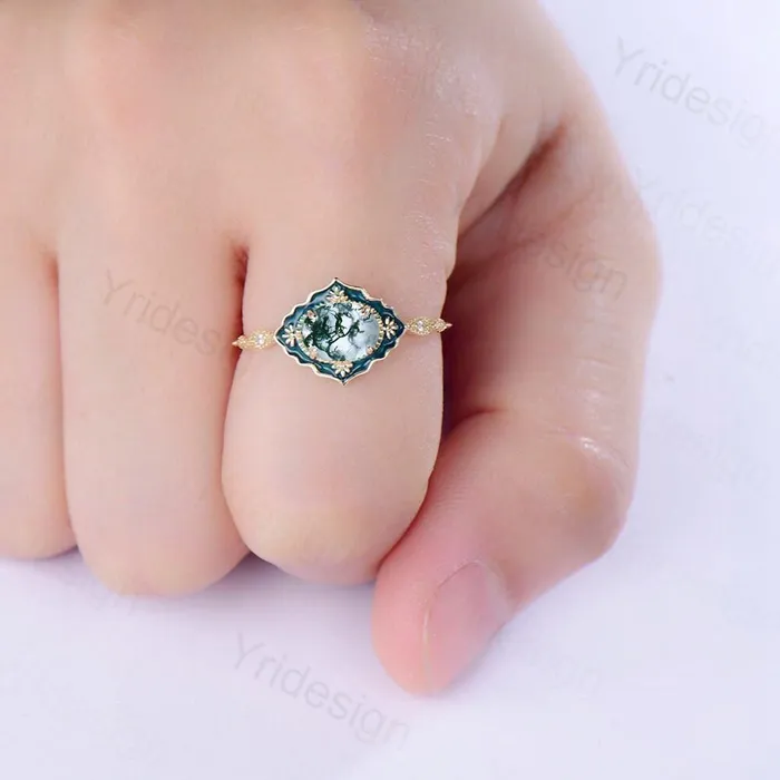 Rings Vintage Moss Agate Engagement Ring Unique Enamel Green Stone Wedding Ring Women 14K Yellow Gold Art Deco Antique Anniversary Gift For Her PENFINE