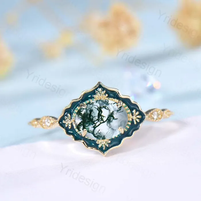 Rings Vintage Moss Agate Engagement Ring Unique Enamel Green Stone Wedding Ring Women 14K Yellow Gold Art Deco Antique Anniversary Gift For Her PENFINE
