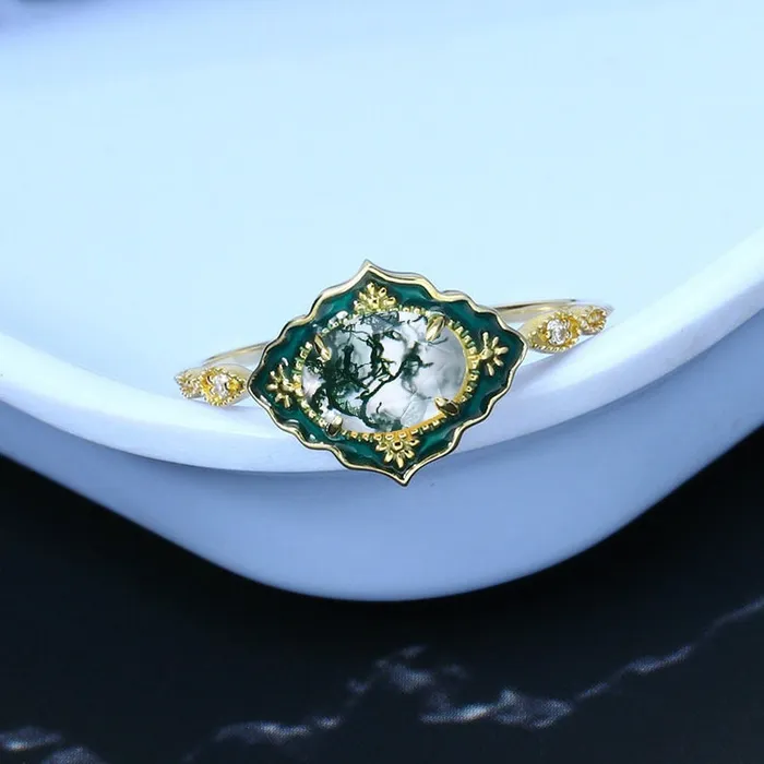 Rings Vintage Moss Agate Engagement Ring Unique Enamel Green Stone Wedding Ring Women 14K Yellow Gold Art Deco Antique Anniversary Gift For Her PENFINE