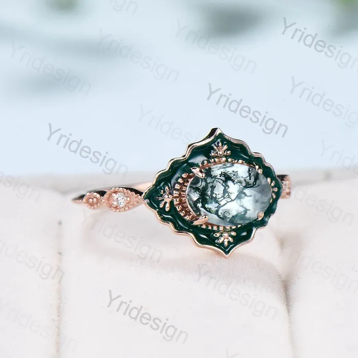 Rings Vintage Moss Agate Engagement Ring Unique Enamel Green Stone Wedding Ring Women 14K Yellow Gold Art Deco Antique Anniversary Gift For Her PENFINE