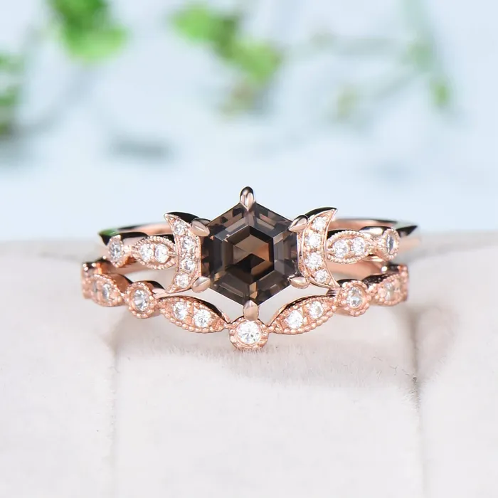 Rings Vintage Smoky Quartz Engagement Ring Set Hexagon Brown Quartz Wedding Ring Set 14K Solid Gold RingUnique Women Moissanite Promise Ring PENFINE Rings Vintage Smoky Quartz Engagement Ring Set Hexagon Brown Quartz Wedding Ring Set 14K Solid Gold RingUnique Women Moissanite Promise Ring PENFINE