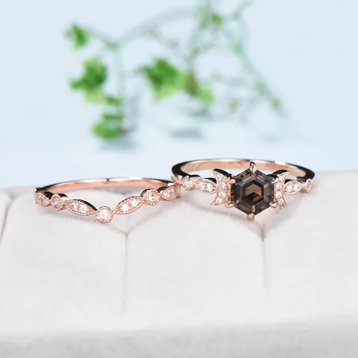 Rings Vintage Smoky Quartz Engagement Ring Set Hexagon Brown Quartz Wedding Ring Set 14K Solid Gold RingUnique Women Moissanite Promise Ring PENFINE Rings Vintage Smoky Quartz Engagement Ring Set Hexagon Brown Quartz Wedding Ring Set 14K Solid Gold RingUnique Women Moissanite Promise Ring PENFINE
