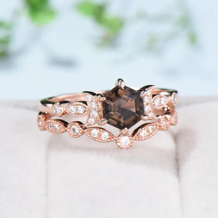 Rings Vintage Smoky Quartz Engagement Ring Set Hexagon Brown Quartz Wedding Ring Set 14K Solid Gold RingUnique Women Moissanite Promise Ring PENFINE Rings Vintage Smoky Quartz Engagement Ring Set Hexagon Brown Quartz Wedding Ring Set 14K Solid Gold RingUnique Women Moissanite Promise Ring PENFINE