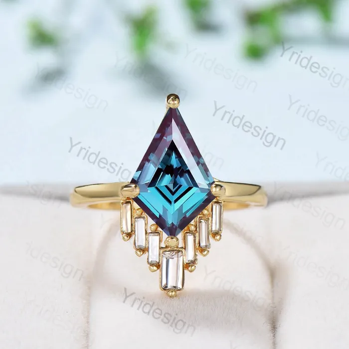 Vintage alexandrite engagement ring kite cut Unique cluster baguette moissanite wedding ring for women June birthstone ring Anniversary gift PENFINE Rings Vintage alexandrite engagement ring kite cut Unique cluster baguette moissanite wedding ring for women June birthstone ring Anniversary gift PENFINE Rings