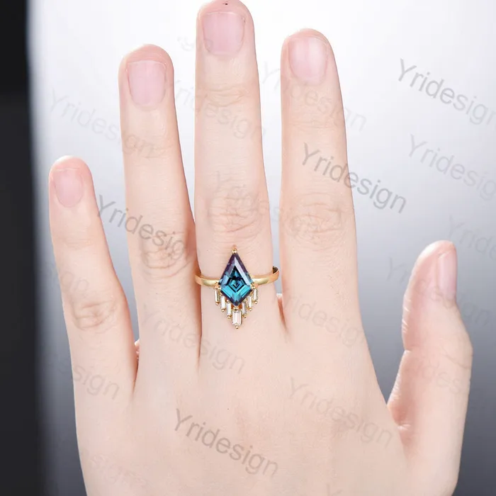Vintage alexandrite engagement ring kite cut Unique cluster baguette moissanite wedding ring for women June birthstone ring Anniversary gift PENFINE Rings Vintage alexandrite engagement ring kite cut Unique cluster baguette moissanite wedding ring for women June birthstone ring Anniversary gift PENFINE Rings