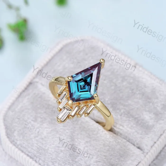 Vintage alexandrite engagement ring kite cut Unique cluster baguette moissanite wedding ring for women June birthstone ring Anniversary gift PENFINE Rings Vintage alexandrite engagement ring kite cut Unique cluster baguette moissanite wedding ring for women June birthstone ring Anniversary gift PENFINE Rings