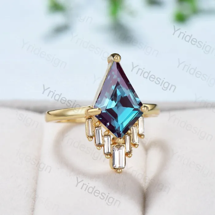 Vintage alexandrite engagement ring kite cut Unique cluster baguette moissanite wedding ring for women June birthstone ring Anniversary gift PENFINE Rings Vintage alexandrite engagement ring kite cut Unique cluster baguette moissanite wedding ring for women June birthstone ring Anniversary gift PENFINE Rings
