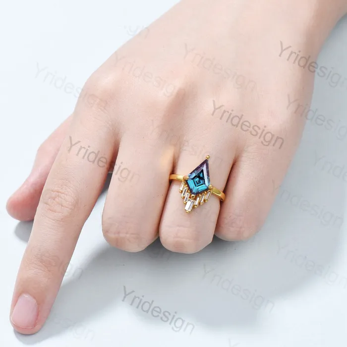 Vintage alexandrite engagement ring kite cut Unique cluster baguette moissanite wedding ring for women June birthstone ring Anniversary gift PENFINE Rings Vintage alexandrite engagement ring kite cut Unique cluster baguette moissanite wedding ring for women June birthstone ring Anniversary gift PENFINE Rings