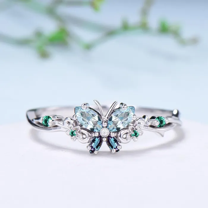 Vintage Butterfly Aquamarine Engagement Ring Unique marquise cut alexandrite emerald silver white gold flower promise ring anniversary gift PENFINE Rings Vintage Butterfly Aquamarine Engagement Ring Unique marquise cut alexandrite emerald silver white gold flower promise ring anniversary gift PENFINE Rings