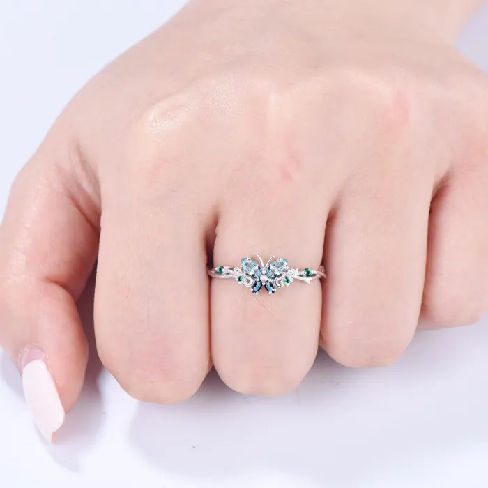 Vintage Butterfly Aquamarine Engagement Ring Unique marquise cut alexandrite emerald silver white gold flower promise ring anniversary gift PENFINE Rings Vintage Butterfly Aquamarine Engagement Ring Unique marquise cut alexandrite emerald silver white gold flower promise ring anniversary gift PENFINE Rings