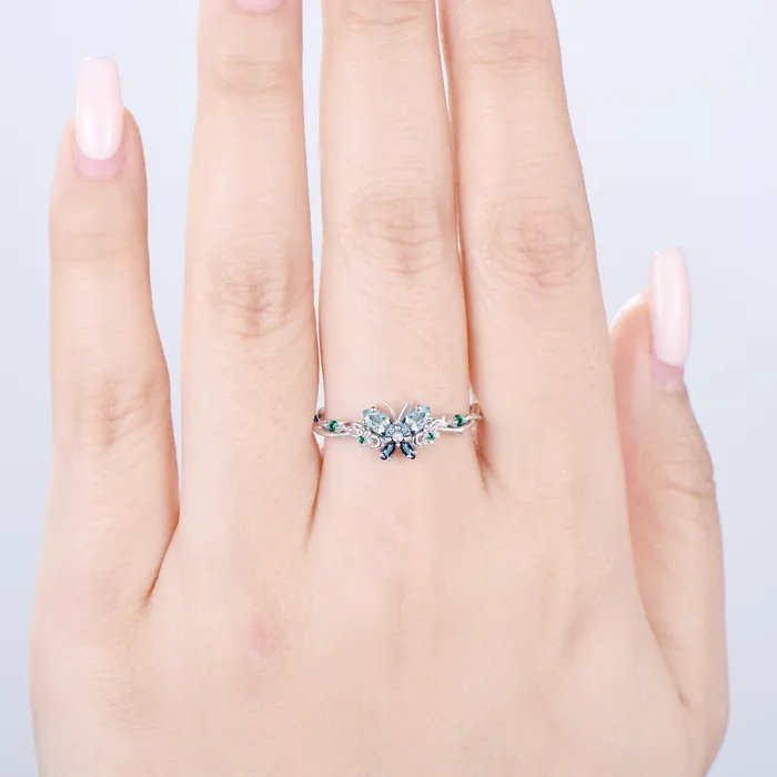 Vintage Butterfly Aquamarine Engagement Ring Unique marquise cut alexandrite emerald silver white gold flower promise ring anniversary gift PENFINE Rings Vintage Butterfly Aquamarine Engagement Ring Unique marquise cut alexandrite emerald silver white gold flower promise ring anniversary gift PENFINE Rings