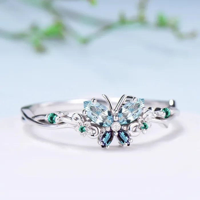 Vintage Butterfly Aquamarine Engagement Ring Unique marquise cut alexandrite emerald silver white gold flower promise ring anniversary gift PENFINE Rings Vintage Butterfly Aquamarine Engagement Ring Unique marquise cut alexandrite emerald silver white gold flower promise ring anniversary gift PENFINE Rings
