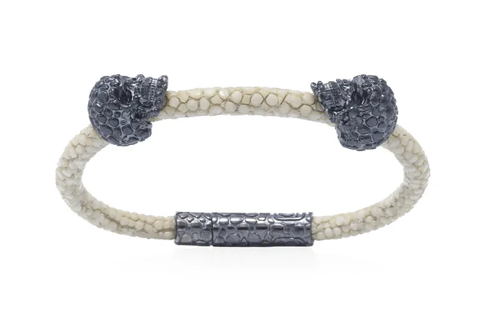 Albert Hern Bracelets Bracelet LivingSkull Men Stingray Leather Two Human Skulls