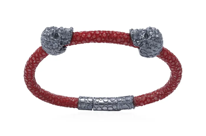 Albert Hern Bracelets Bracelet LivingSkull Men Stingray Leather Two Human Skulls