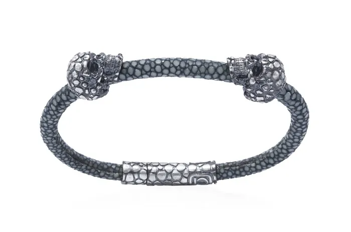 Albert Hern Bracelets Bracelet LivingSkull Men Stingray Leather Two Human Skulls