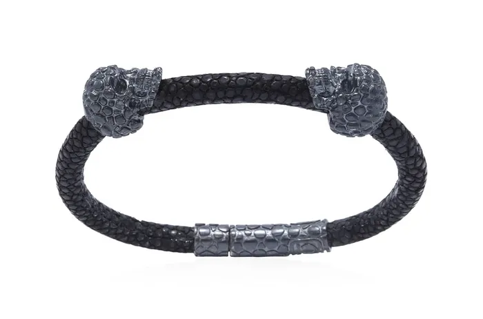 Albert Hern Bracelets Bracelet LivingSkull Men Stingray Leather Two Human Skulls