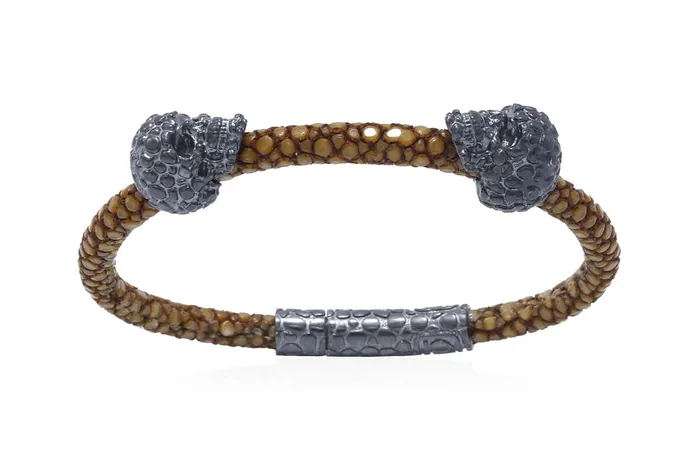 Albert Hern Bracelets Bracelet LivingSkull Men Stingray Leather Two Human Skulls