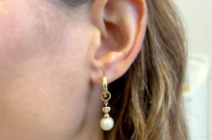 Albert Hern Earrings Earrings 18kt Gold Detachable Pearls Hearts with Diamonds Drop Albert Hern Earrings Earrings 18kt Gold Detachable Pearls Hearts with Diamonds Drop