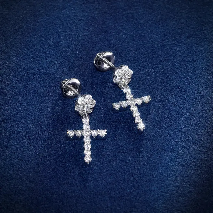 icezeusshop S925 Silver Moissanite Flower Cluster Stud Cross Earring Earrings icezeusshop S925 Silver Moissanite Flower Cluster Stud Cross Earring Earrings