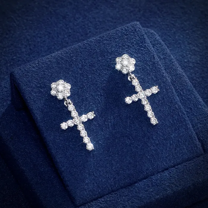 icezeusshop S925 Silver Moissanite Flower Cluster Stud Cross Earring Earrings