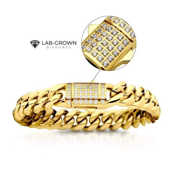 INOX JEWELRY Bracelets Lab Grown Diamond 18K Gold Plated Stainless Steel 12mm Miami Cuban Chain Bracelet with Double Tab Box Clasp