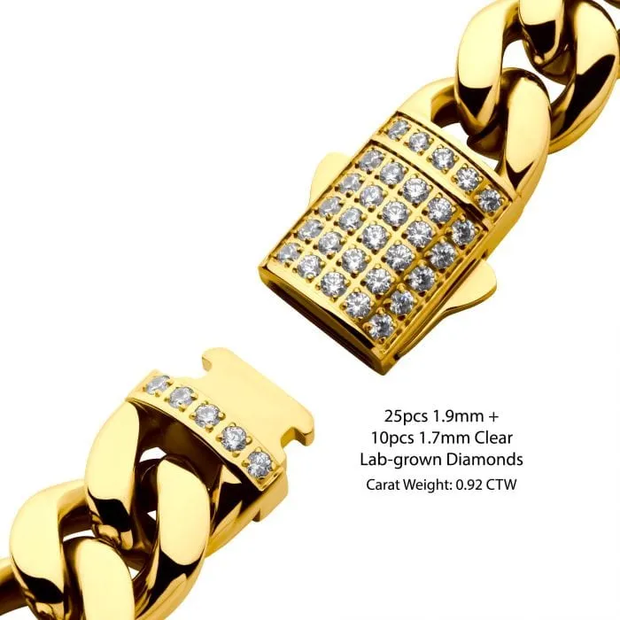 INOX JEWELRY Bracelets Lab Grown Diamond 18K Gold Plated Stainless Steel 12mm Miami Cuban Chain Bracelet with Double Tab Box Clasp