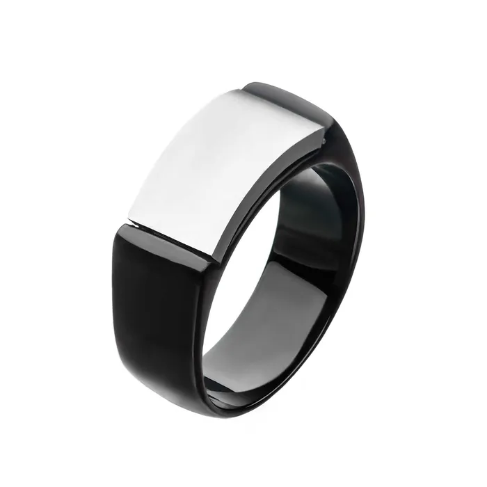 INOX JEWELRY Rings Black and Silver Tone Stainless Steel Matte Finish Engravable Signet Ring INOX JEWELRY Rings Black and Silver Tone Stainless Steel Matte Finish Engravable Signet Ring