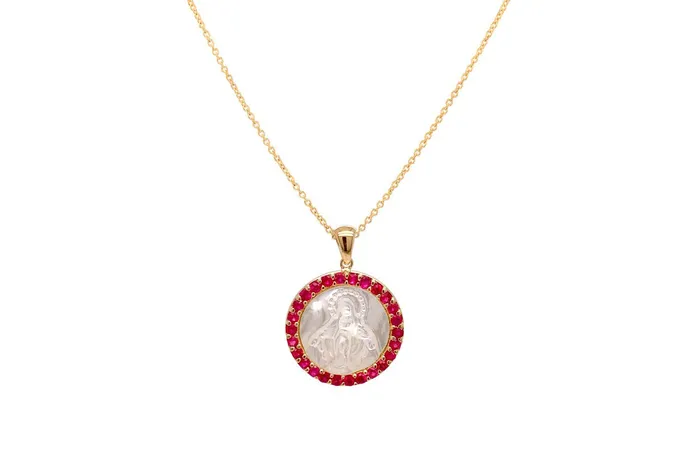 Necklaces Albert Hern Medal Mother of Pearl Miraculous Milagrosa 14kt Gold Gemstones Necklaces Albert Hern Medal Mother of Pearl Miraculous Milagrosa 14kt Gold Gemstones