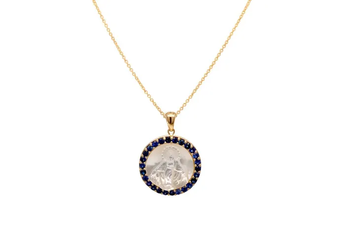 Necklaces Albert Hern Medal Mother of Pearl Miraculous Milagrosa 14kt Gold Gemstones