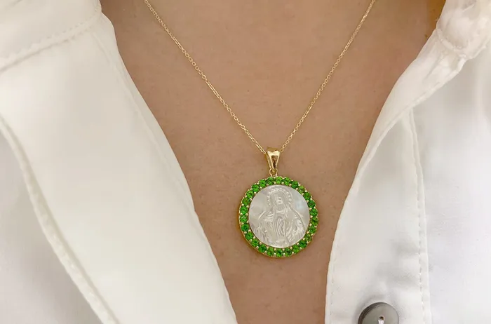 Necklaces Albert Hern Medal Mother of Pearl Miraculous Milagrosa 14kt Gold Gemstones