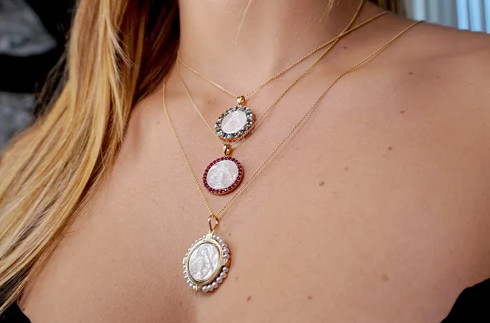 Necklaces Albert Hern Medal Mother of Pearl Miraculous Milagrosa 14kt Gold Gemstones