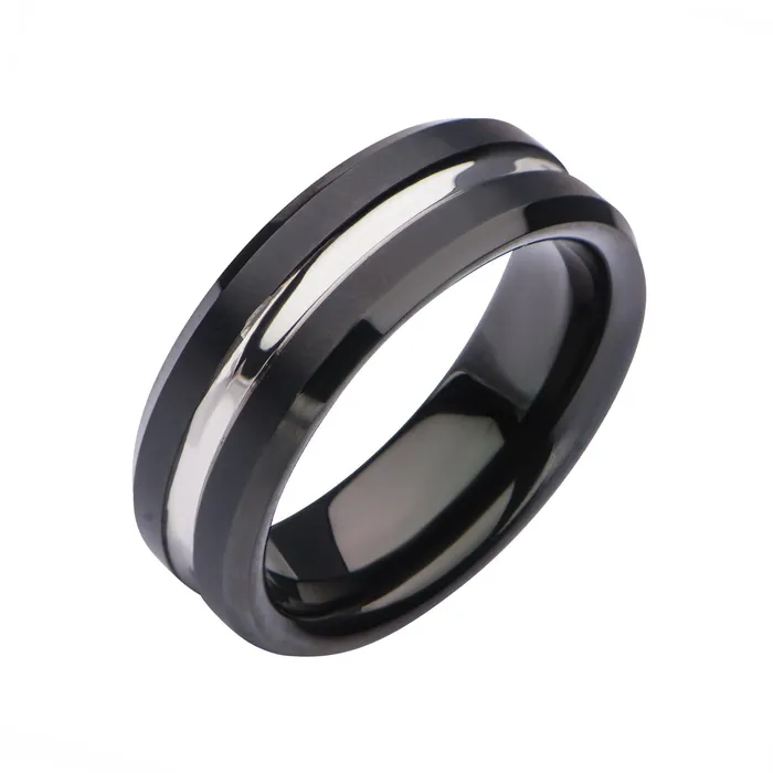 Rings INOX JEWELRY Black and Silver Tone Stainless Steel Modern Clean Line Nero Band Ring