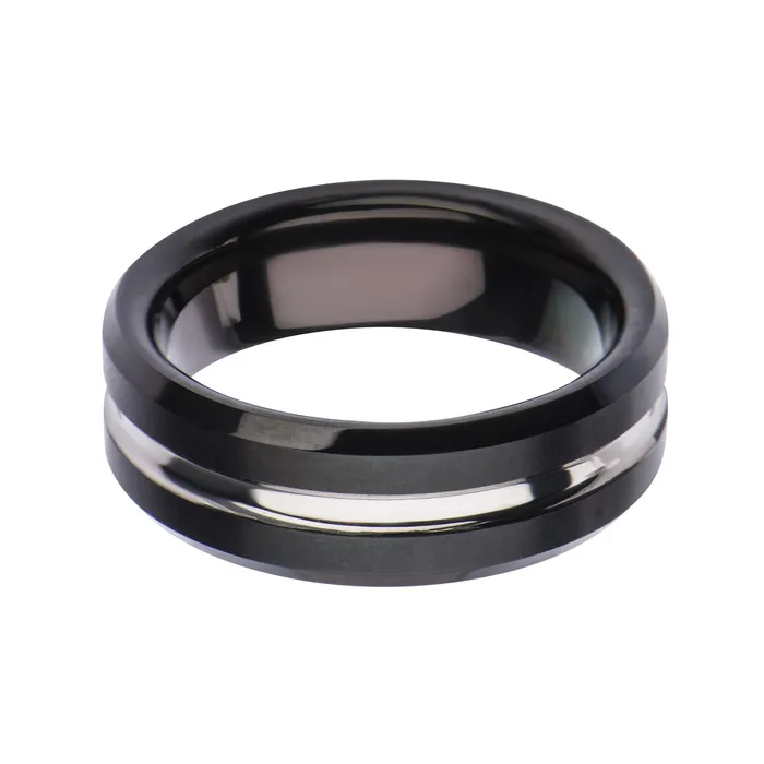 Rings INOX JEWELRY Black and Silver Tone Stainless Steel Modern Clean Line Nero Band Ring