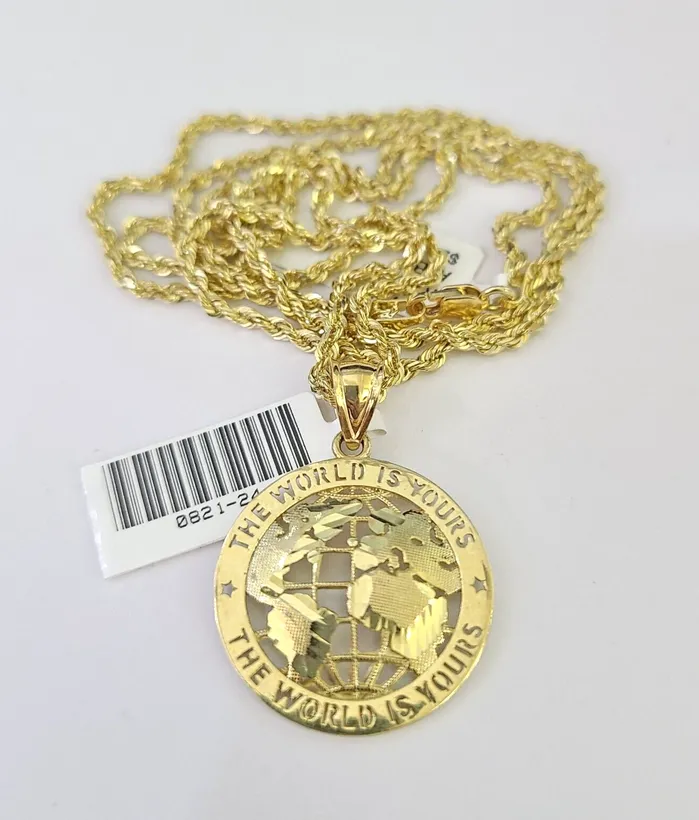 10k Solid Rope Chain 2mm World is Yours Pendant Necklace SET 1822 in Ladies Gold and Diamond Necklaces 10k Solid Rope Chain 2mm World is Yours Pendant Necklace SET 1822 in Ladies Gold and Diamond Necklaces