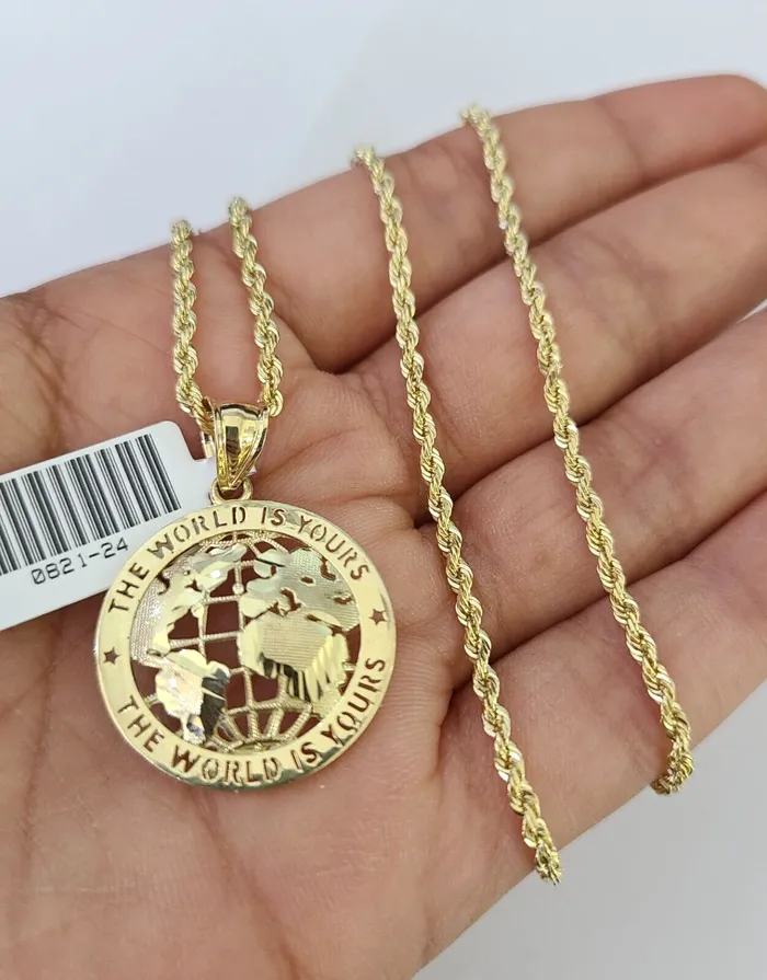 10k Solid Rope Chain 2mm World is Yours Pendant Necklace SET 1822 in Ladies Gold and Diamond Necklaces