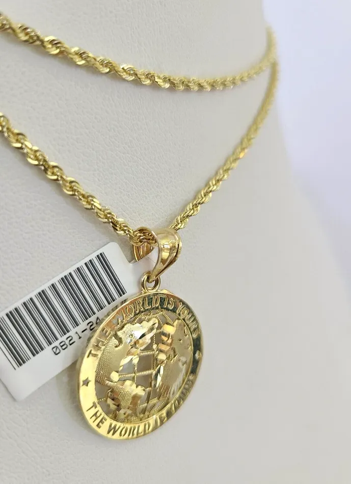 10k Solid Rope Chain 2mm World is Yours Pendant Necklace SET 1822 in Ladies Gold and Diamond Necklaces