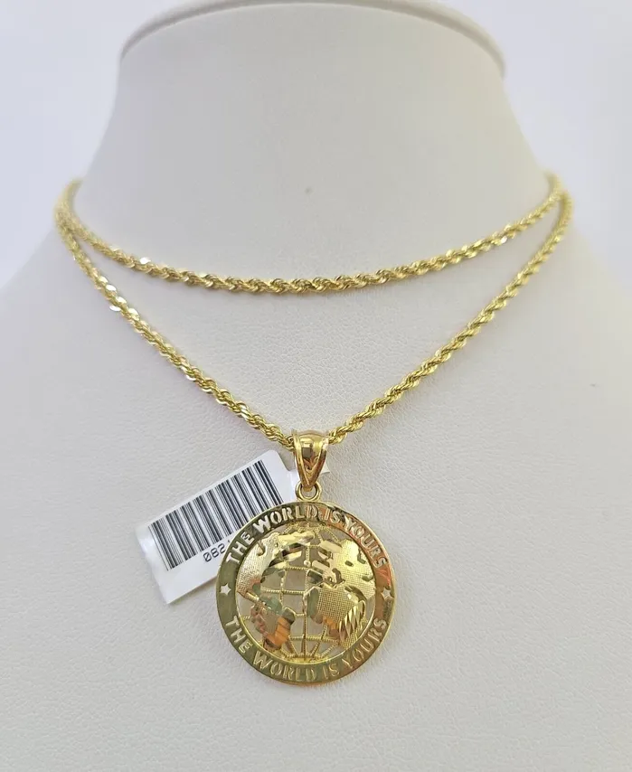 10k Solid Rope Chain 2mm World is Yours Pendant Necklace SET 1822 in Ladies Gold and Diamond Necklaces