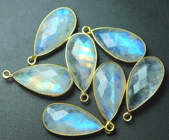 925 Sterling Vermeil SilverRainbow Moonstone Faceted Pear Shape Pendant 5 Piece Of 23mm Approx Beads Supplies USA Necklaces