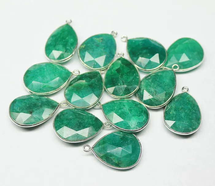 Beads Supplies USA Natural Dyed Emerald Dyed Checker Faceted Pear Drops Silver Bezel Pendant 1pc 24mm Necklaces
