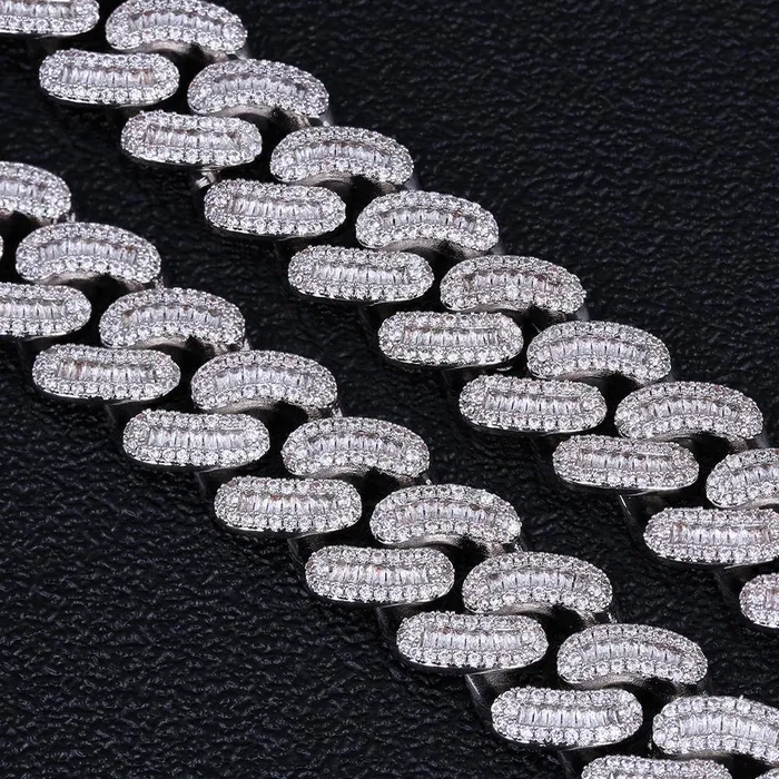 Bracelets 16mm Iced Out Baguette Cut Mens Cuban Link Bracelet in White Gold YiWuMeiSha