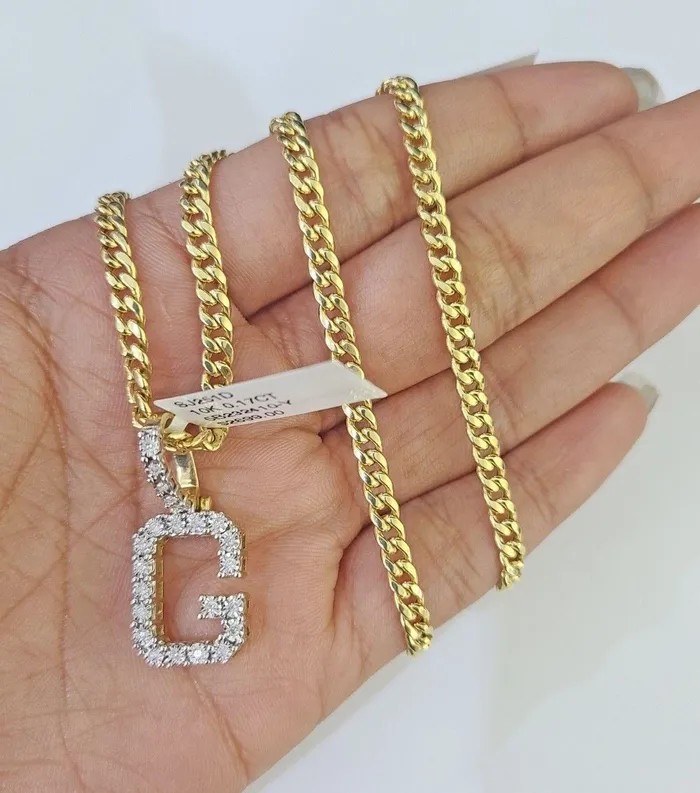 Charm Necklaces Gold and Diamond 10K Gold Miami Cuban Chain G Initial Diamond Charm Length 1826 3mm REAL Charm Necklaces Gold and Diamond 10K Gold Miami Cuban Chain G Initial Diamond Charm Length 1826 3mm REAL
