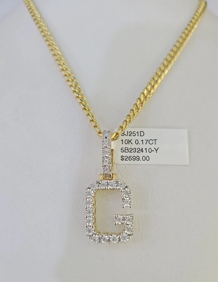 Charm Necklaces Gold and Diamond 10K Gold Miami Cuban Chain G Initial Diamond Charm Length 1826 3mm REAL