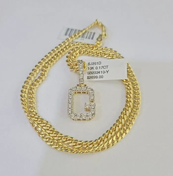 Charm Necklaces Gold and Diamond 10K Gold Miami Cuban Chain G Initial Diamond Charm Length 1826 3mm REAL