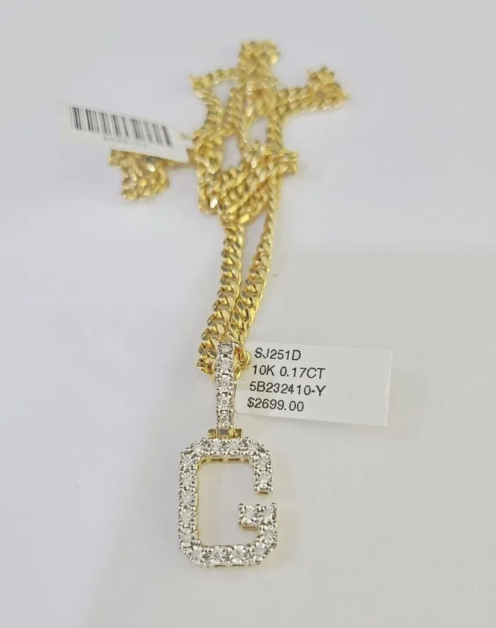 Charm Necklaces Gold and Diamond 10K Gold Miami Cuban Chain G Initial Diamond Charm Length 1826 3mm REAL
