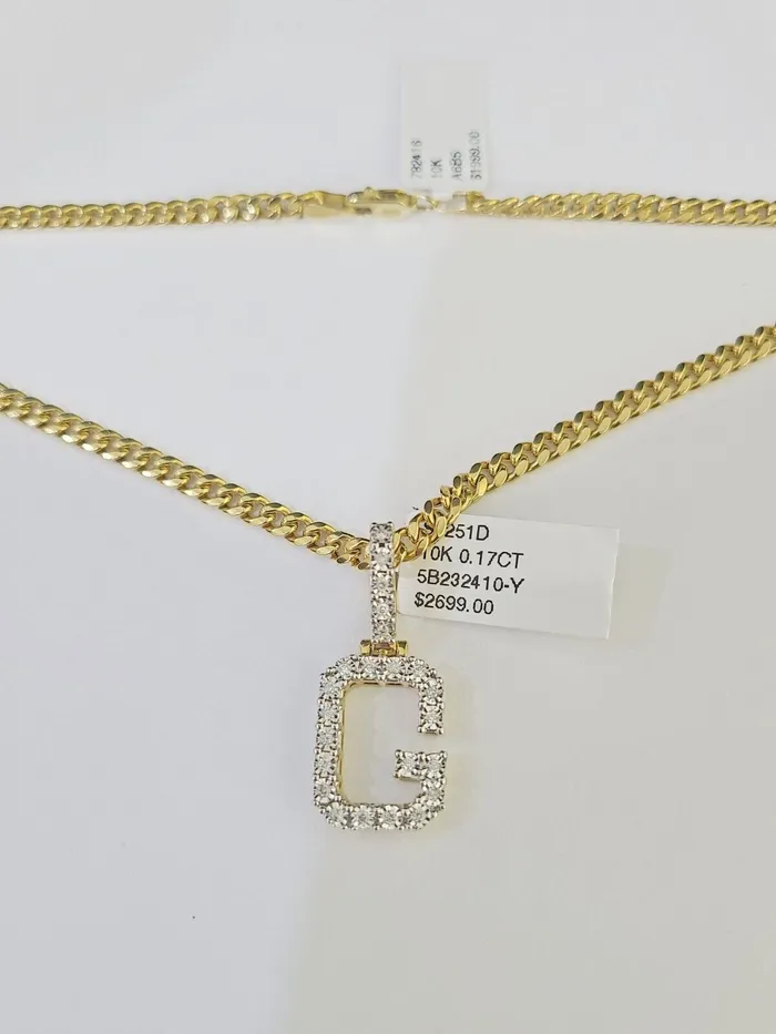 Charm Necklaces Gold and Diamond 10K Gold Miami Cuban Chain G Initial Diamond Charm Length 1826 3mm REAL